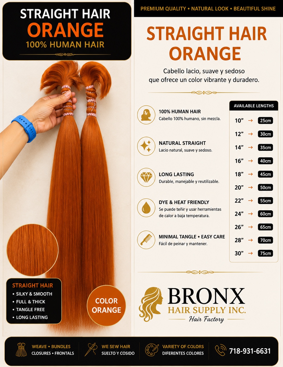 Orange straight human hair